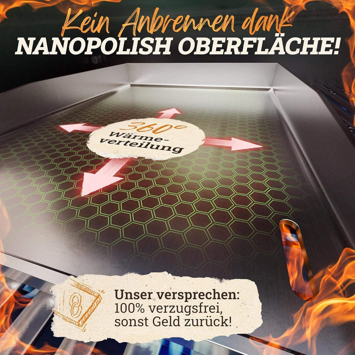 Edelstahl Plancha Grillplatte 40x40cm mit Burger Master Set