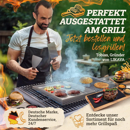 Edelstahl Plancha Grillplatte 40x40cm mit Burger Master Set
