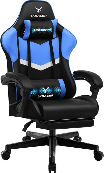 Gaming Stuhl mit Fußstütze und Lendenkissen, blau