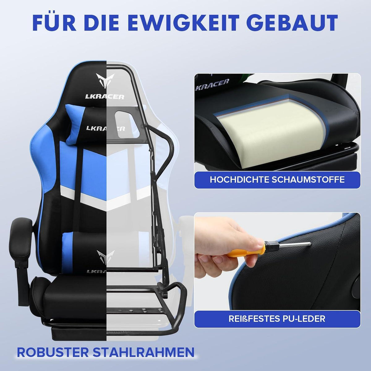 Gaming Stuhl mit Fußstütze Ergonomisch verstellbar Blau 150