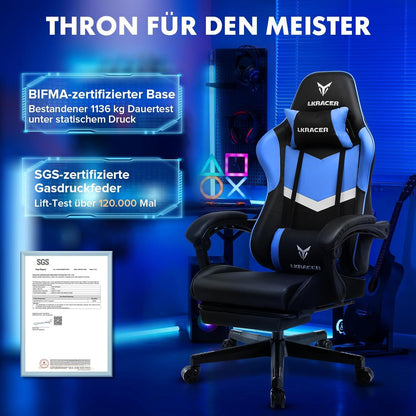 LUCKRACER Gaming Stuhl mit Fußstütze Ergonomisch Lenden & Kopfkissen Blau