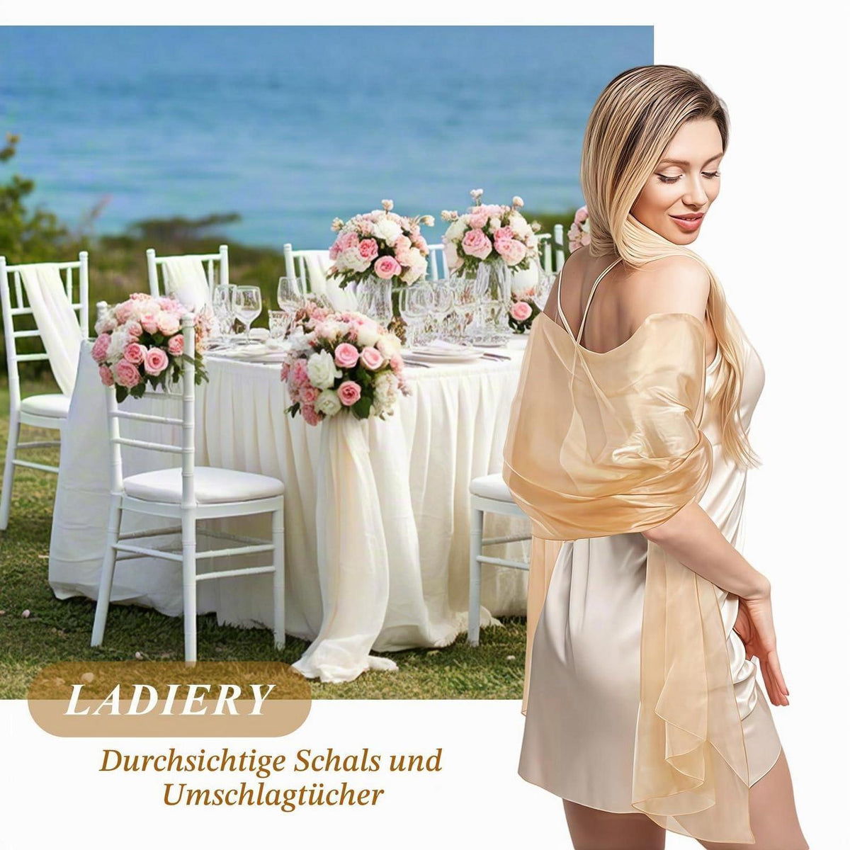 Stola Champagnergold Seidenorganza für Abendkleid & Hochzeit