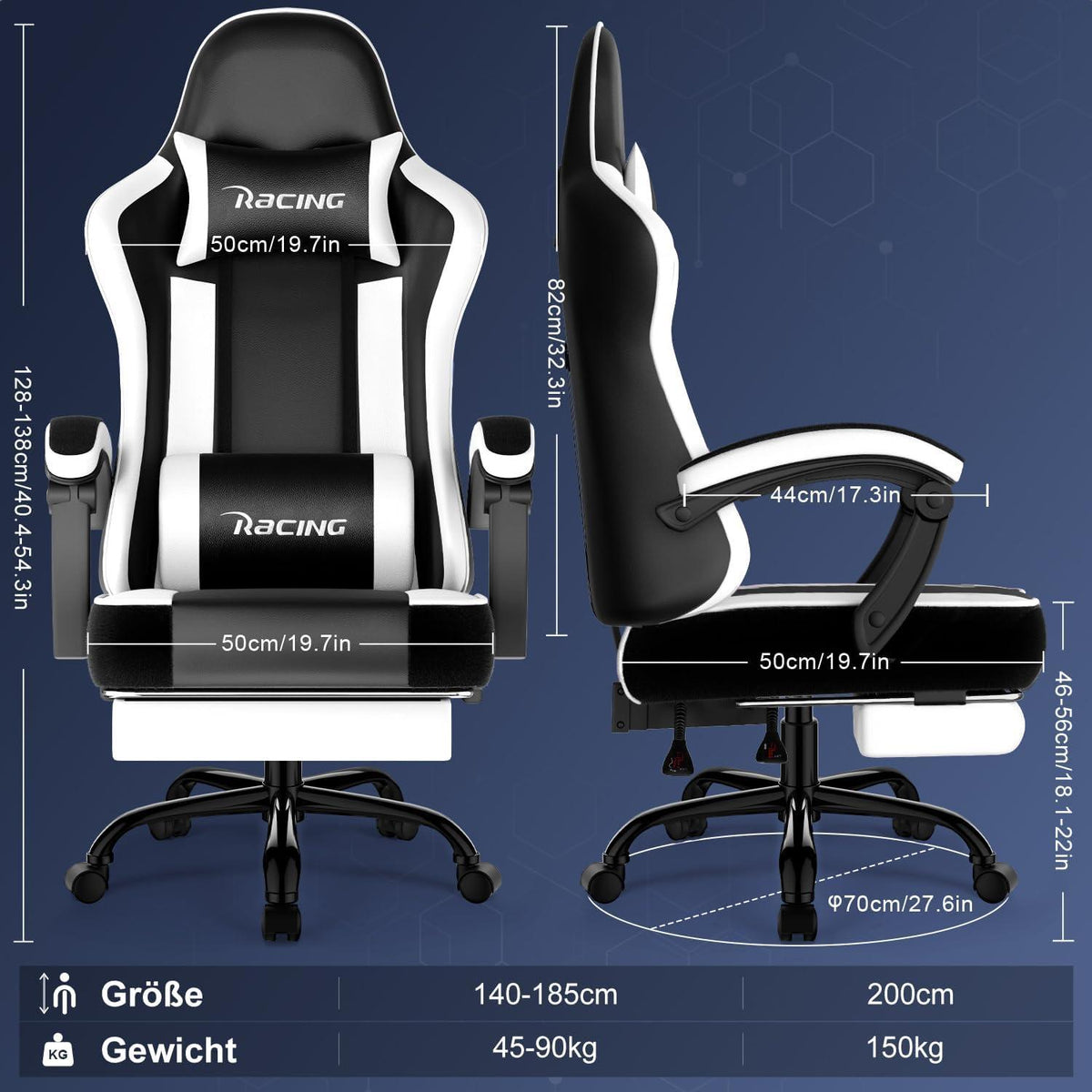 Ergonomischer Gaming Stuhl mit Fußstütze und Belastbarkeit bis 150kg