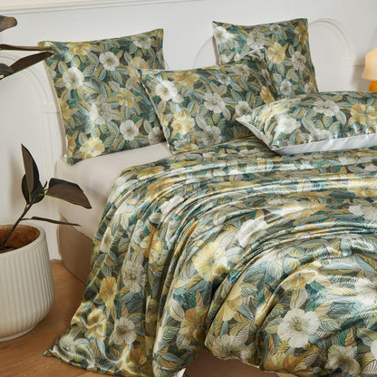 Satin Bettwäsche Set 135x200 Blumen Blätter Deluxe