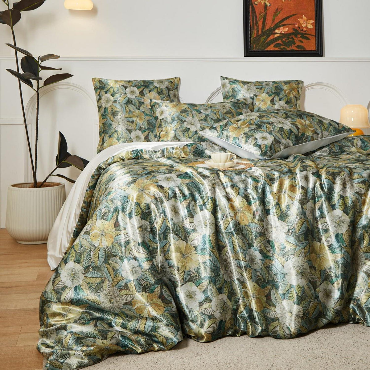 Satin Bettwäsche Set 135x200 Blumen Blätter Deluxe