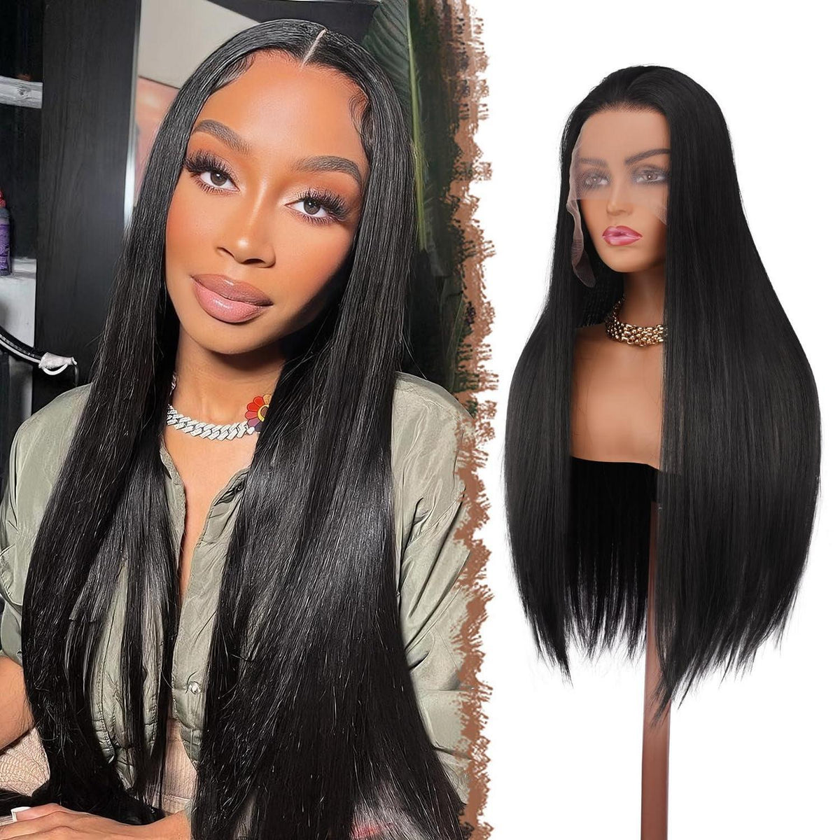 Lange schwarze Lace Front Perücke – Glattes Synthetikhaar 75cm