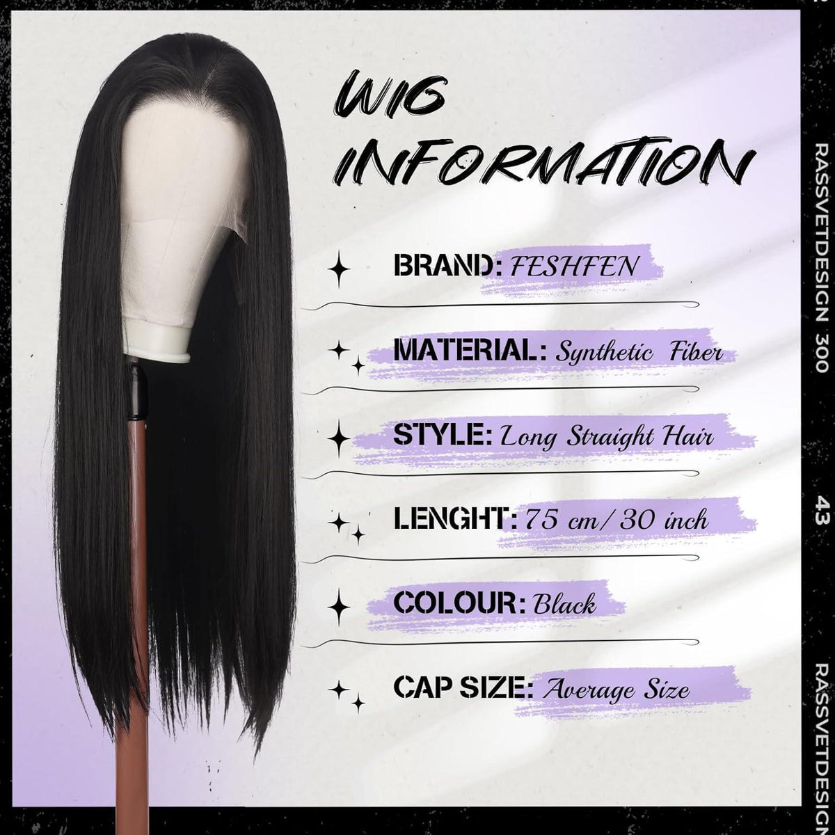 Lange schwarze Lace Front Perücke – Glattes Synthetikhaar 75cm