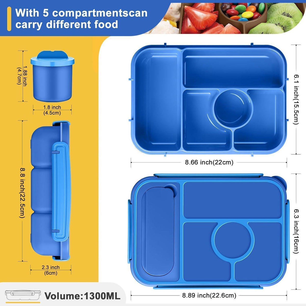 Brotdose Kinder mit Fächern & Soßenbehälter – 1300ml Lunchbox