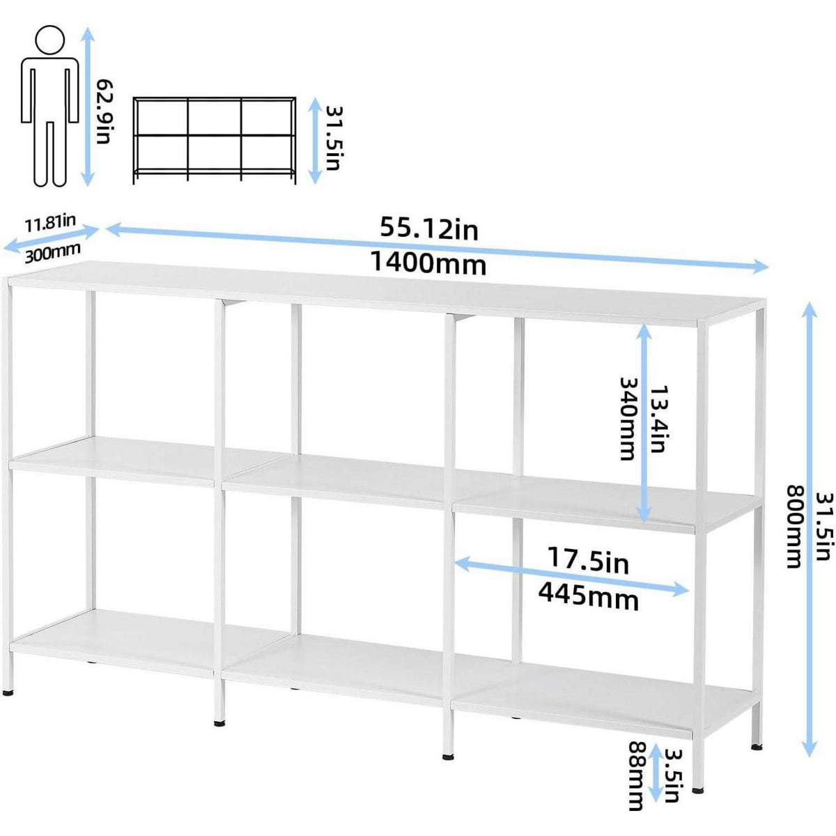 Moderner Konsolentisch Metall 140x30x80cm – Weiß, 3 Ablagen