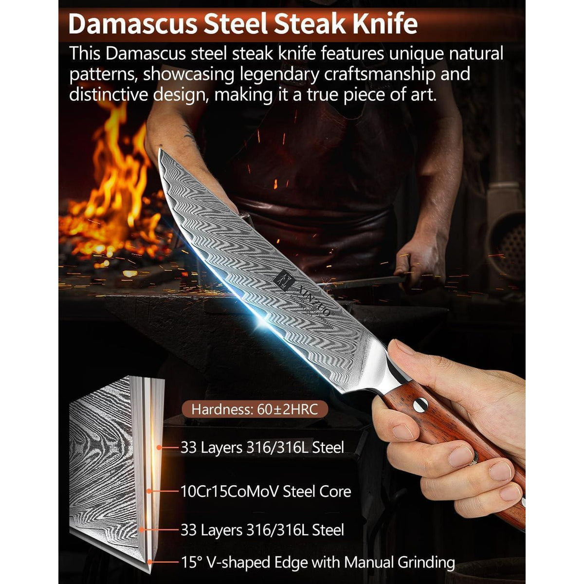 5-teiliges Steakmesser Set aus Damaststahl mit Holzhalter