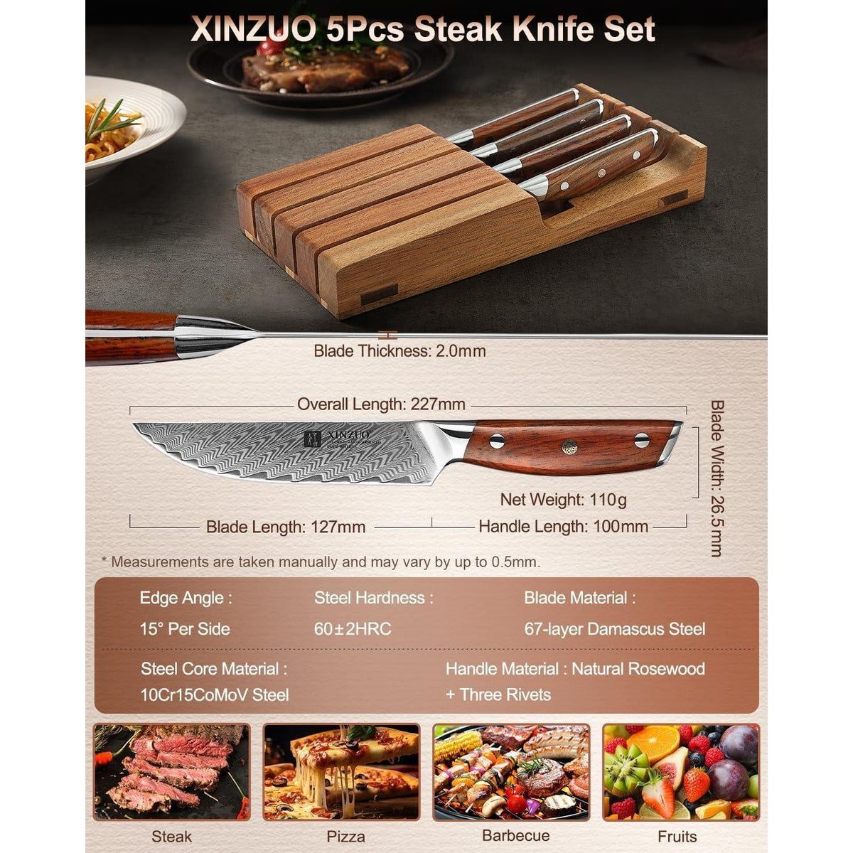 5-teiliges Steakmesser Set aus Damaststahl mit Holzhalter