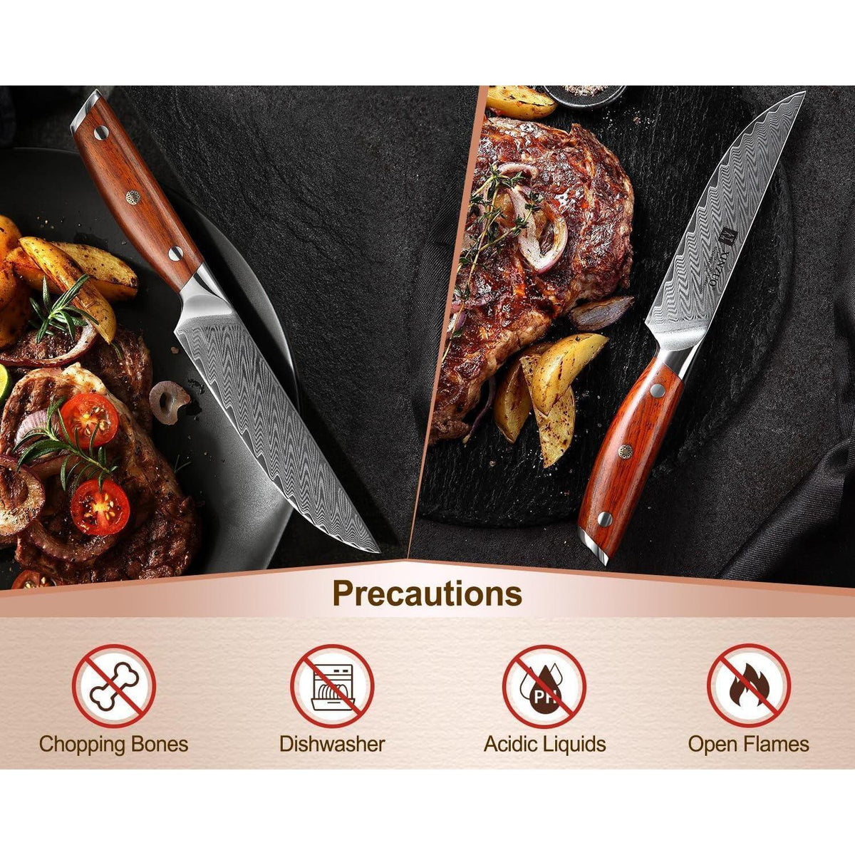 5-teiliges Steakmesser Set aus Damaststahl mit Holzhalter