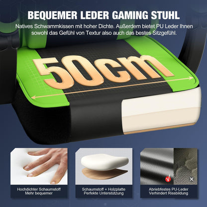 Ergonomischer Gaming Stuhl mit verstellbaren Kissen, Fußstütze - Grün bis 150kg