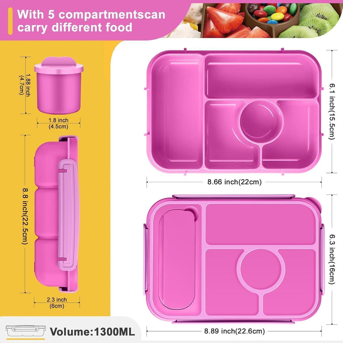 Bento Box mit 5 Fächern & Soßenbehälter – Lunchbox 1300ml