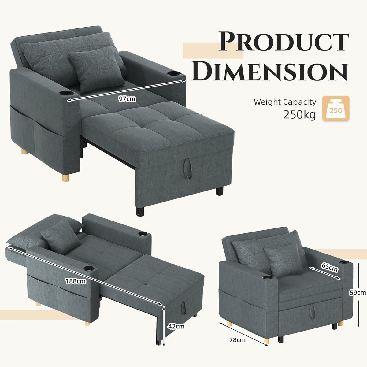 Extrabreites Schlafsofa 97cm – 3-in-1 Schlafsessel mit Bettkasten