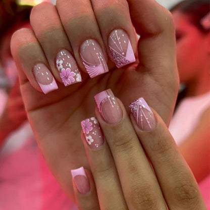 24 Press On Nails Rosa Blumen – Kurze Square Falsch Nägel