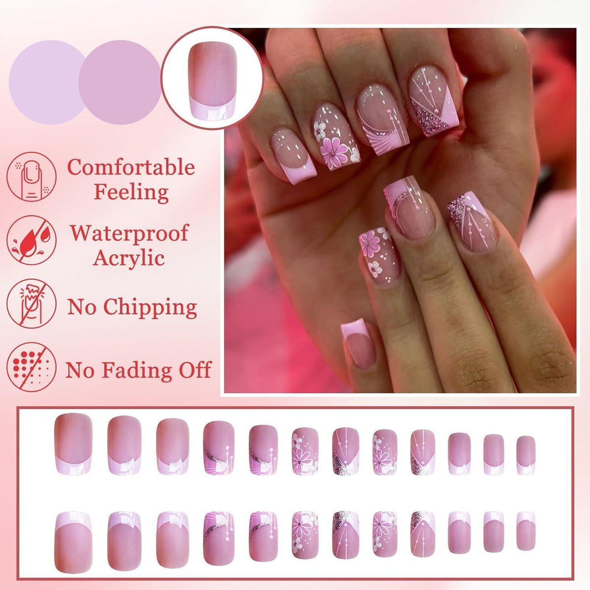 24 Press On Nails Rosa Blumen – Kurze Square Falsch Nägel