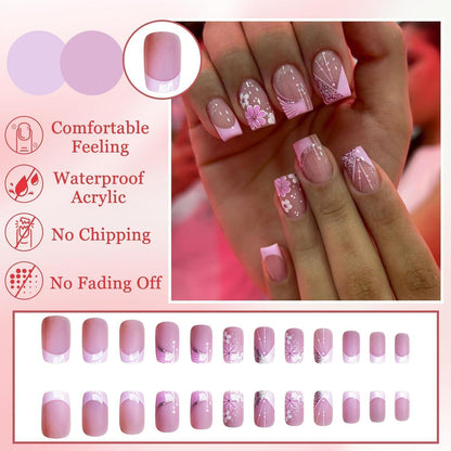 24 Press On Nails Rosa Blumen – Kurze Square Falsch Nägel