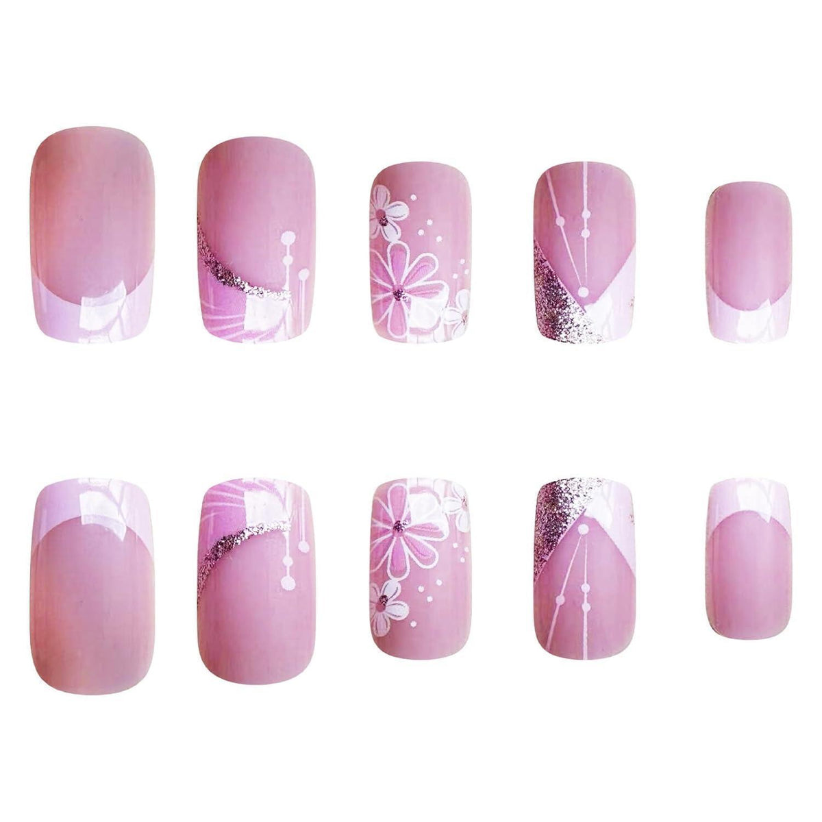 24 Press On Nails Rosa Blumen – Kurze Square Falsch Nägel