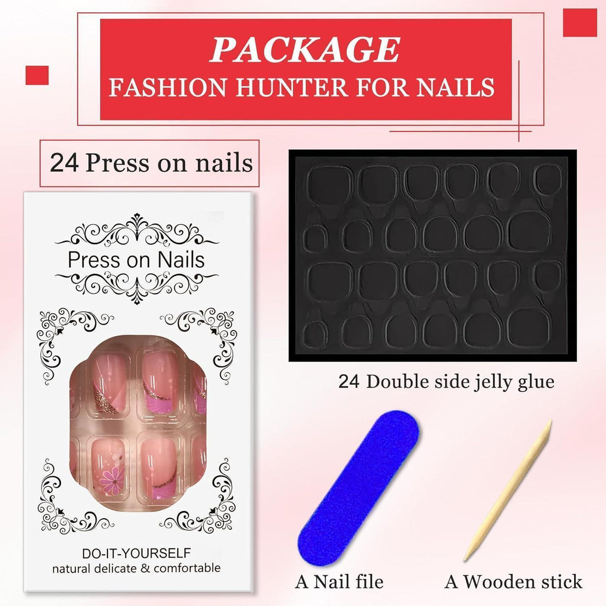24 Press On Nails Rosa Blumen – Kurze Square Falsch Nägel