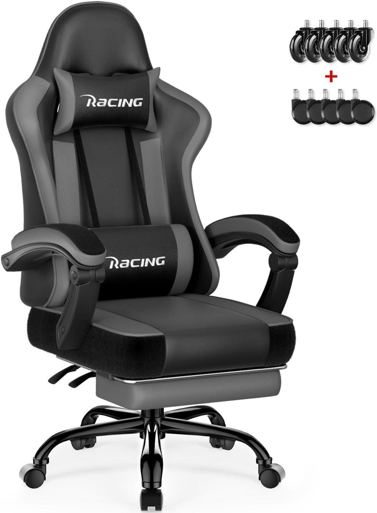 Ergonomischer Gaming Stuhl mit Fußstütze, bis 150kg, Grau