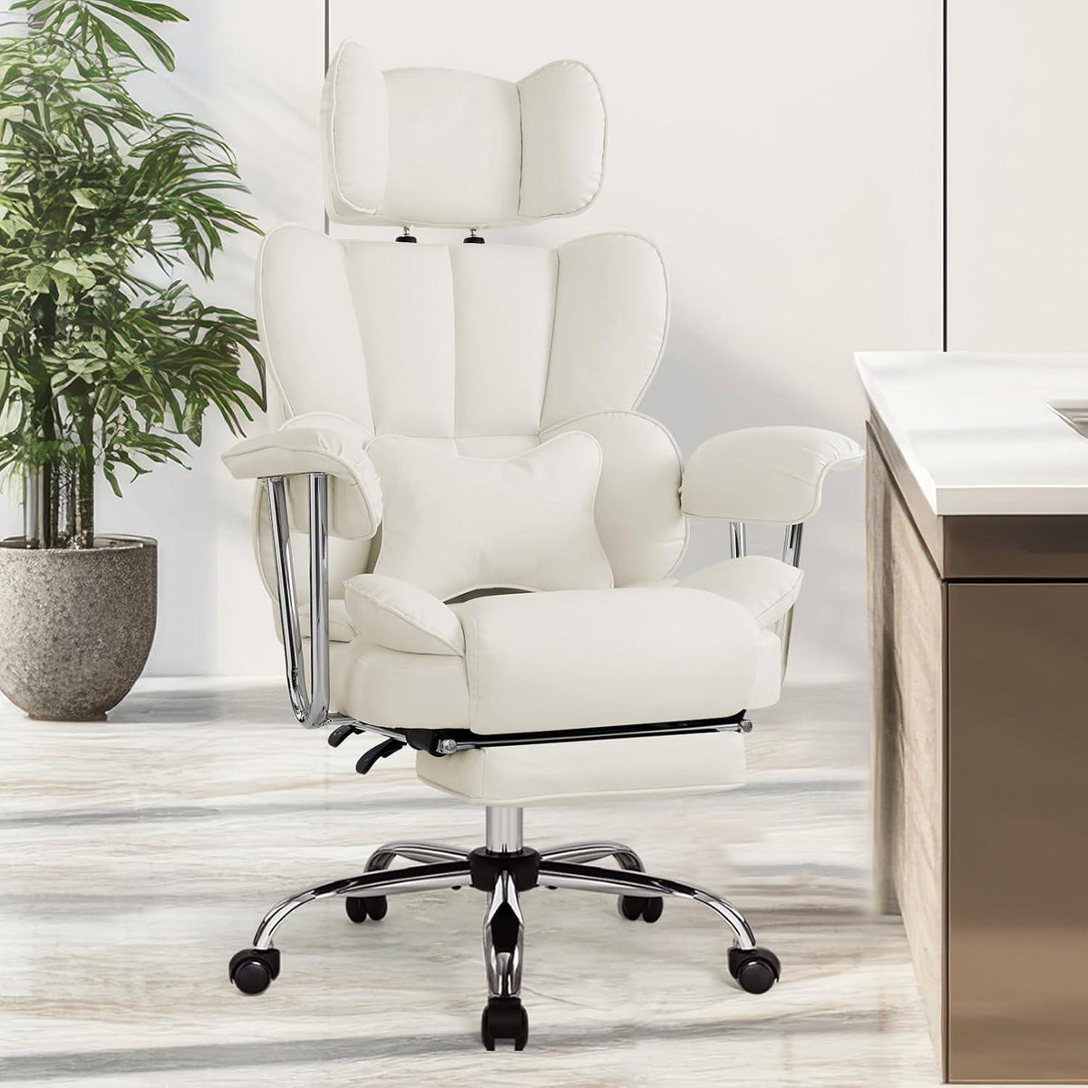 Ergonomischer Bürostuhl mit Fußstütze & Lendenwirbelstütze (Creme)