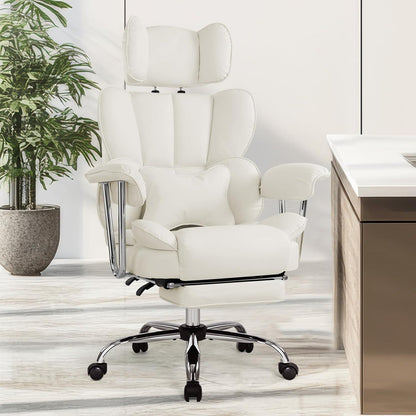 Ergonomischer Bürostuhl mit Fußstütze & Lendenwirbelstütze (Creme)