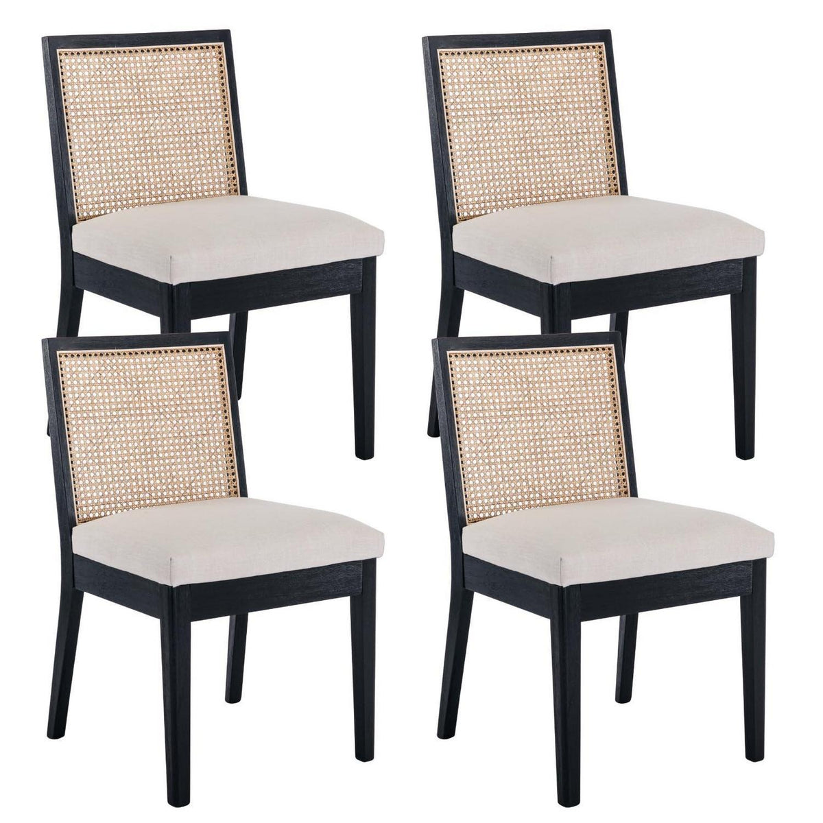 Esszimmerstühle 4er Set Leinen Rattan Vintage Schwarz