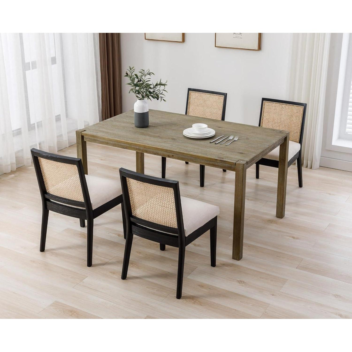 Esszimmerstühle 4er Set Leinen Rattan Vintage Schwarz