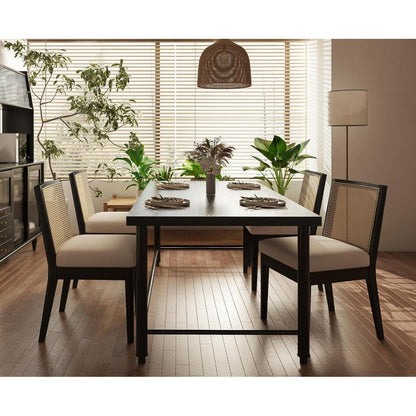 Esszimmerstühle 4er Set Leinen Rattan Vintage Schwarz