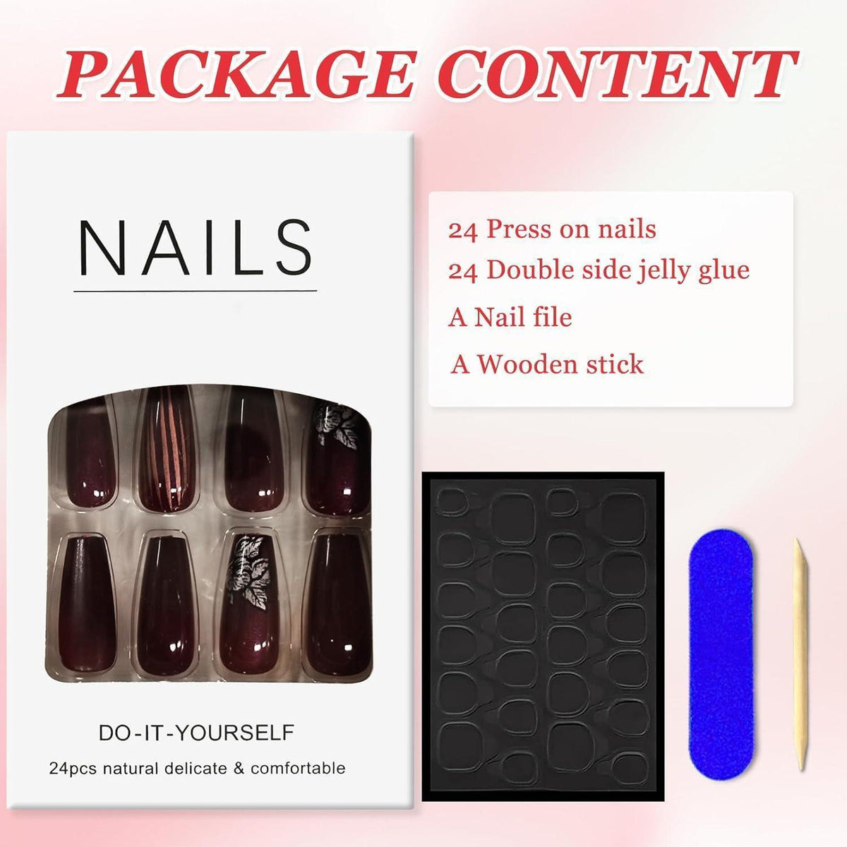 24 Press On Nails Mittelrot Quadratisch Glänzend Falsche Nägel
