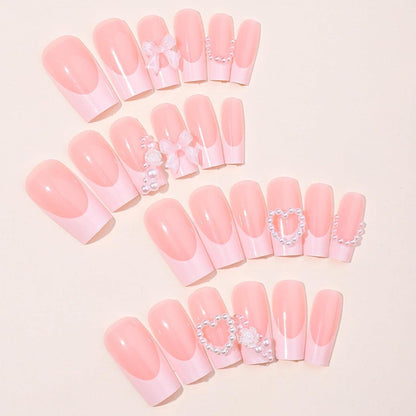 24 Rosa French Press on Nails mit 3D Perlen & Blumen