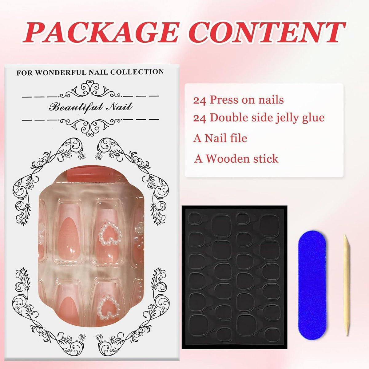 24 Rosa French Press on Nails mit 3D Perlen & Blumen