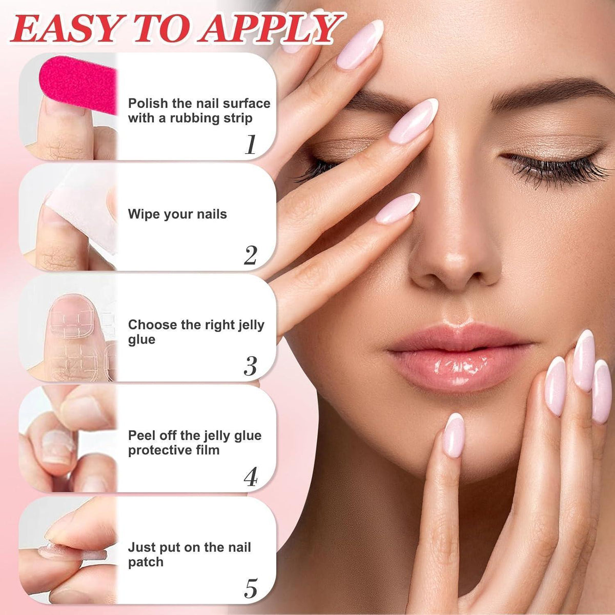 24 Rosa French Press on Nails mit 3D Perlen & Blumen