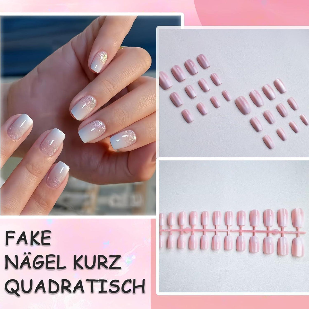 Cat Eye Press On Nails - Rosa Farbverlauf Kurz & Quadratisch