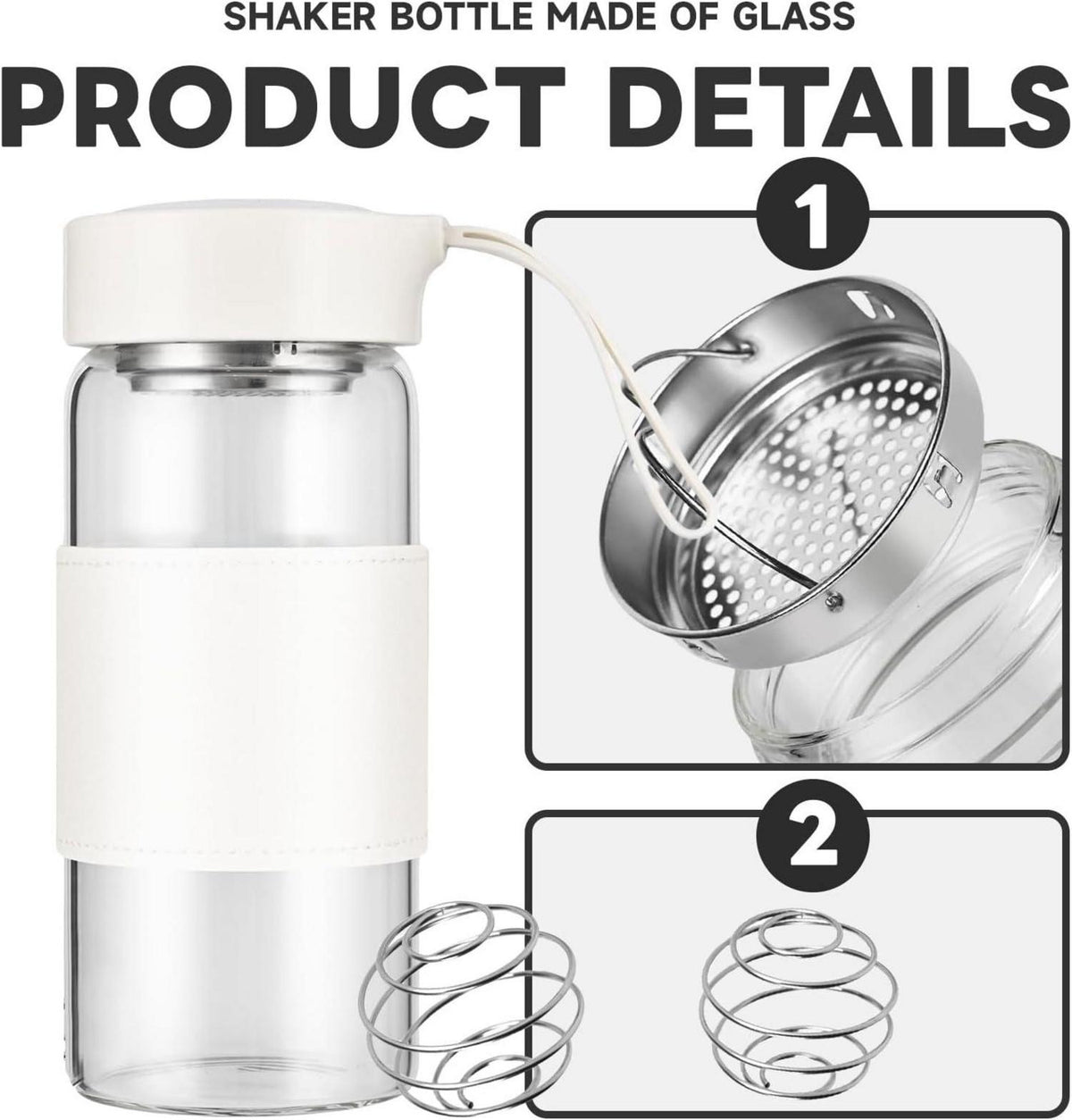 Shaker Glas 16oz BPA-freies mit Sieb 304SS Mischball (Weiß 2er