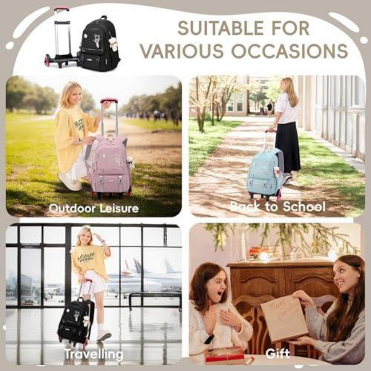 Schulrucksack Trolley Mädchen Teenager 6 Rollen Schwarz