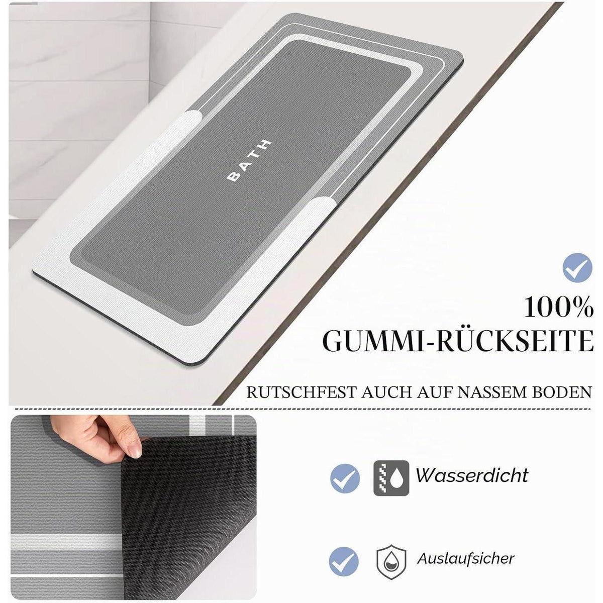 Saugstarke Badematte Grau 60x90 cm - Rutschfest & Schnelltrocknend