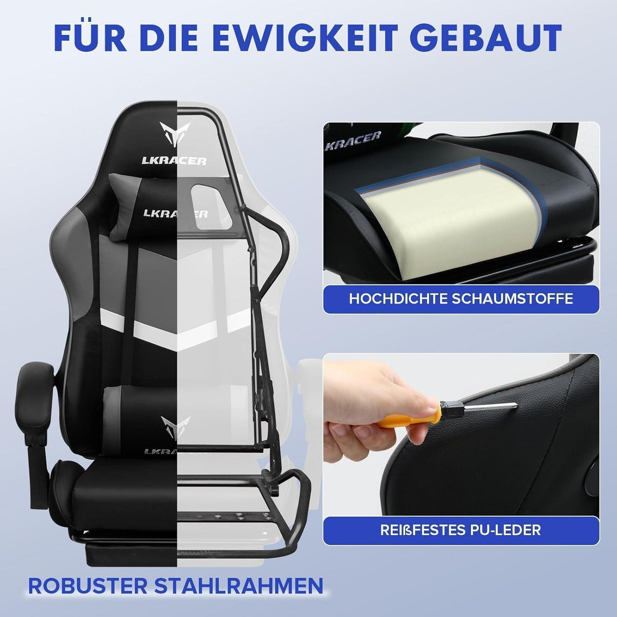Gaming Stuhl mit Fußstütze, Ergonomisch, Grau