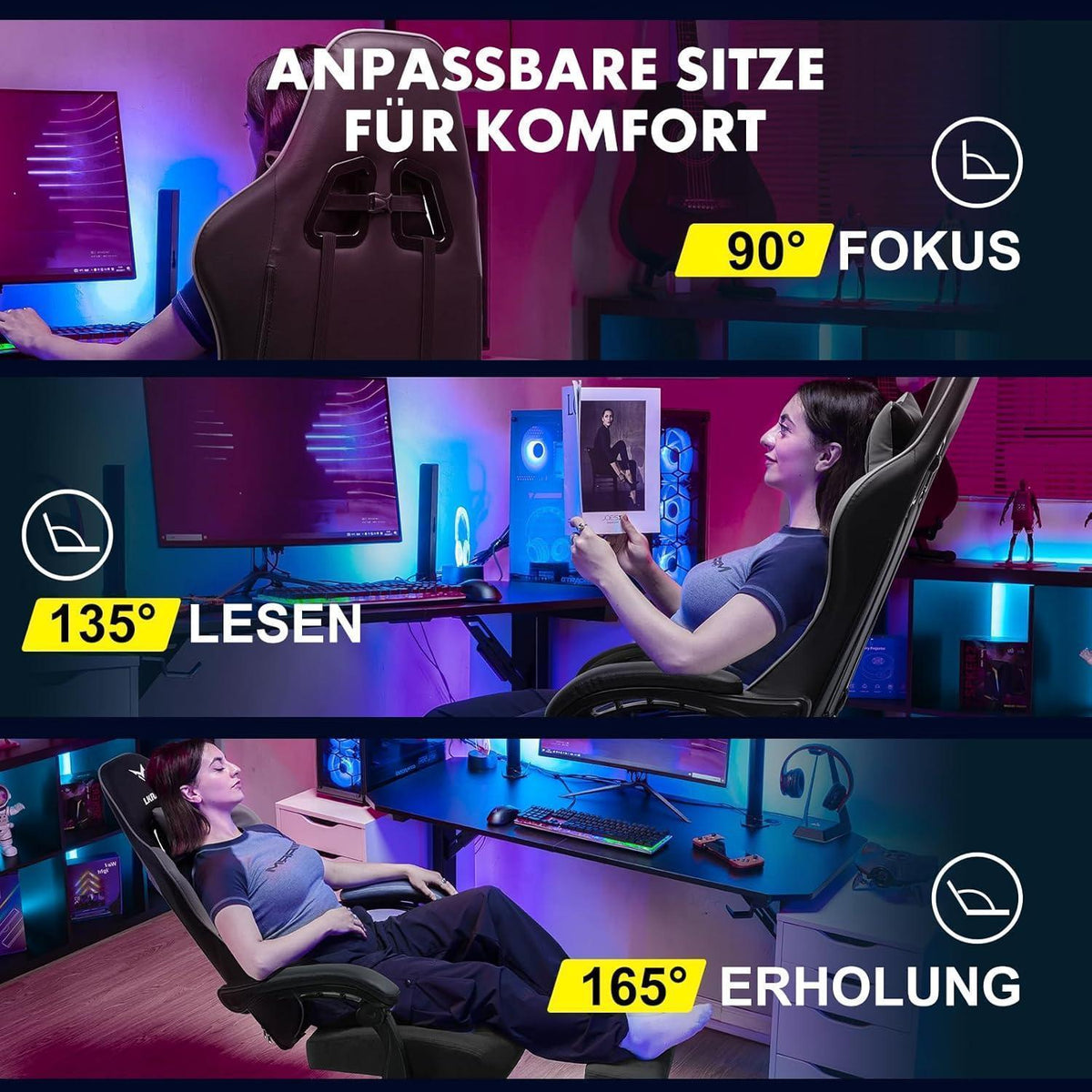 Gaming Stuhl mit Fußstütze, Ergonomisch, Grau