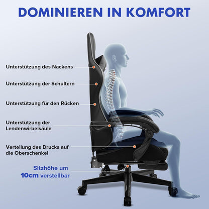 Gaming Stuhl mit Fußstütze, Ergonomisch, Grau
