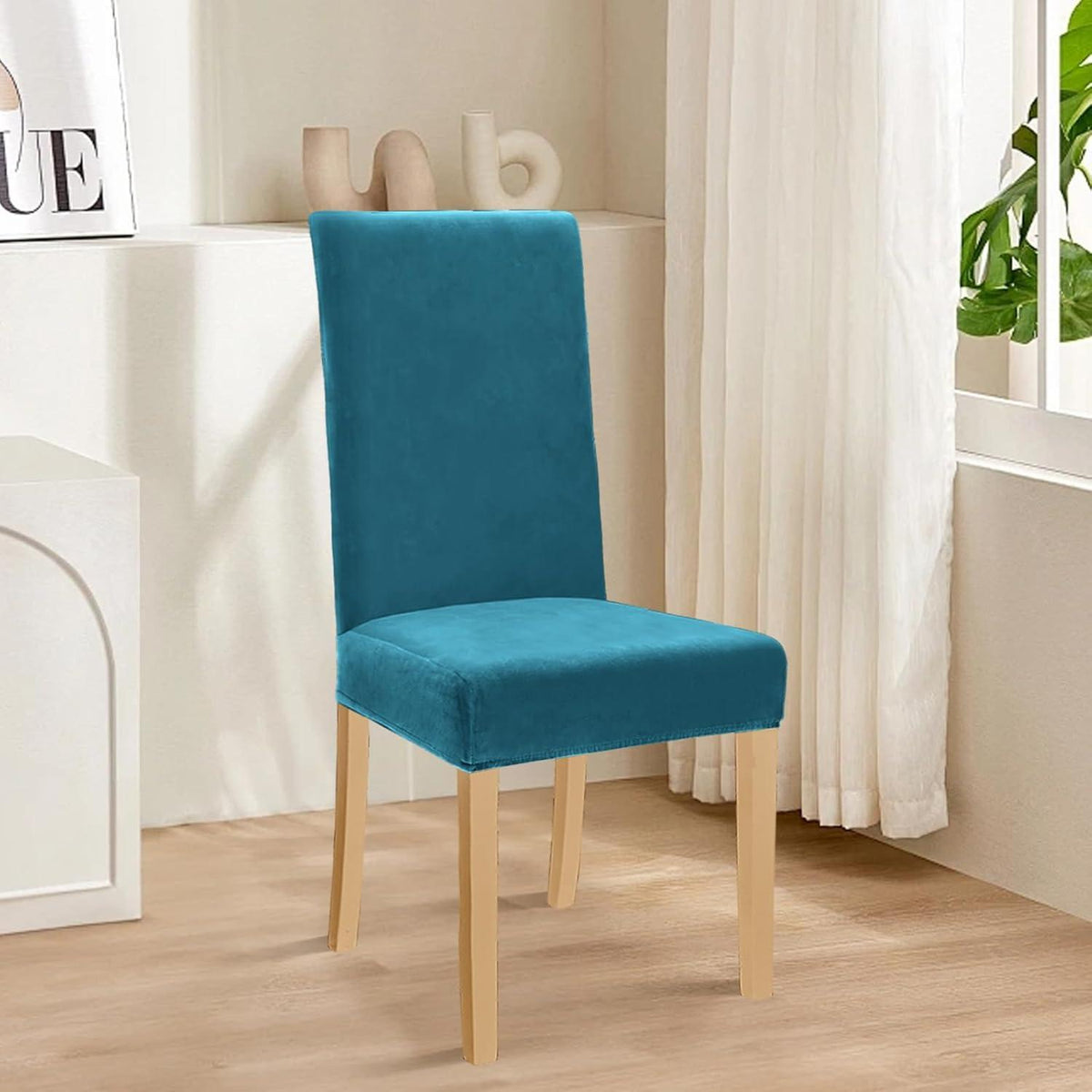 Stretch Samt Stuhlhussen 4er Set – Pfaublau