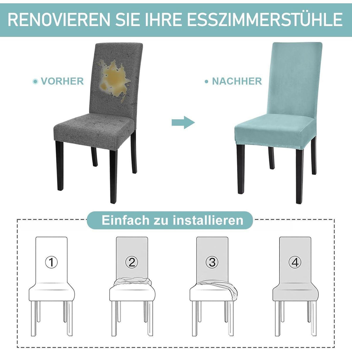 Samt Stuhlhussen Set 4er Pack – Graublau, Elastisch & Waschbar