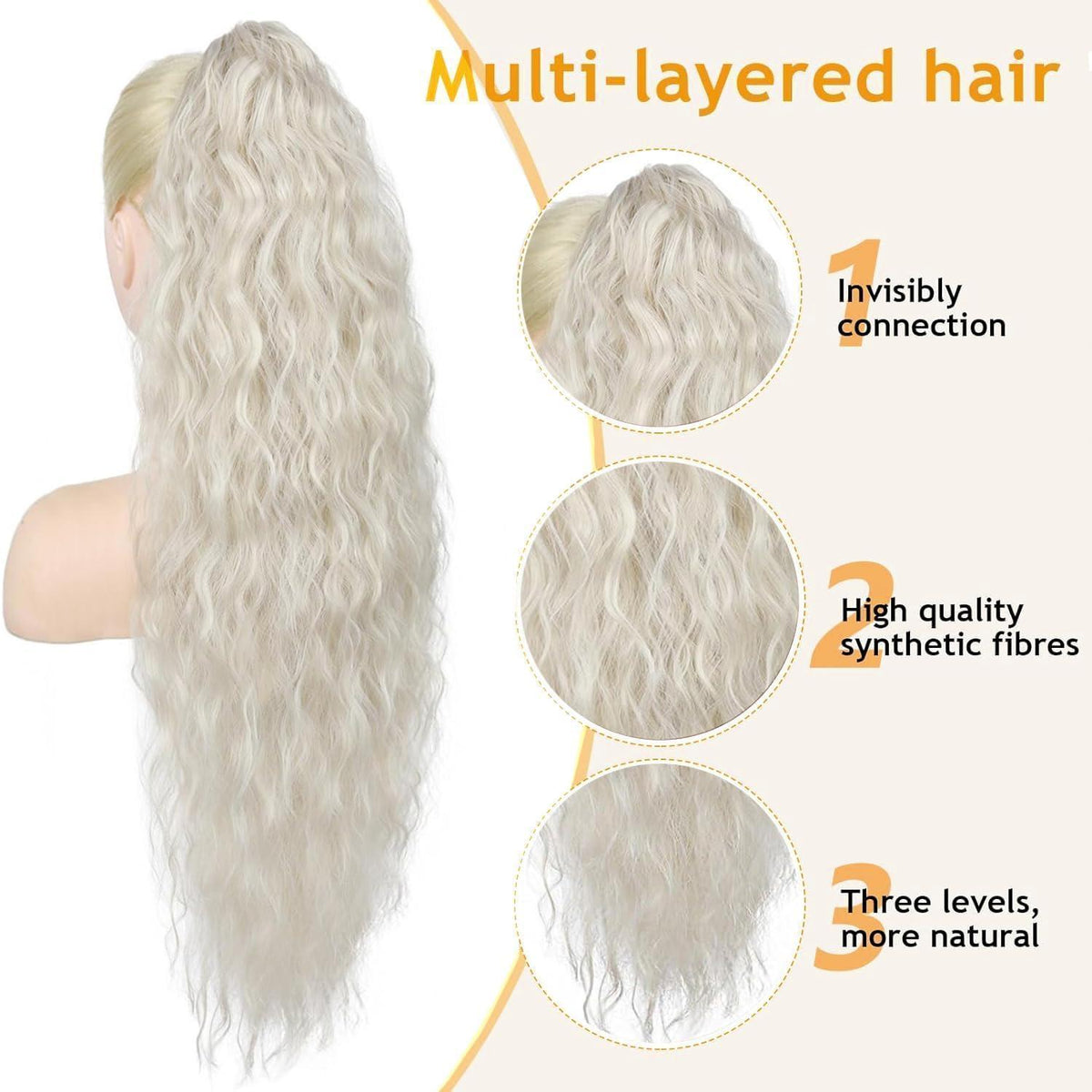 Langer, gewellter Pferdeschwanz mit Klammer – Platinblond (75cm)