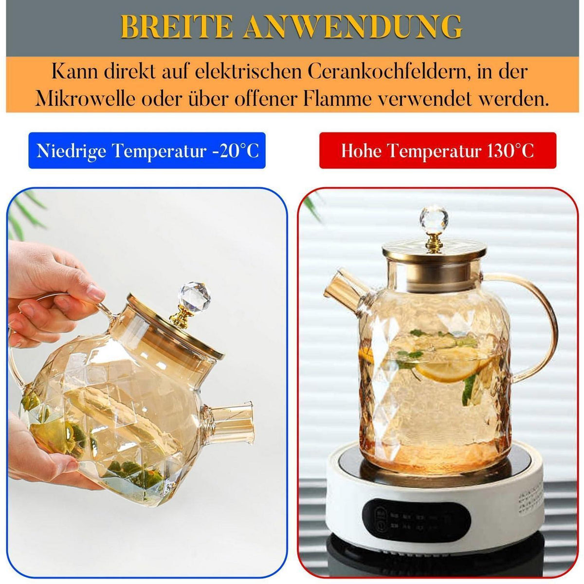 Glas Teekanne 1L mit Edelstahl Deckel - Auslaufsicher