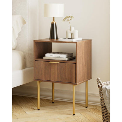 Nachttisch mit Schublade und Ablage, Nussbaum, Modern Boho