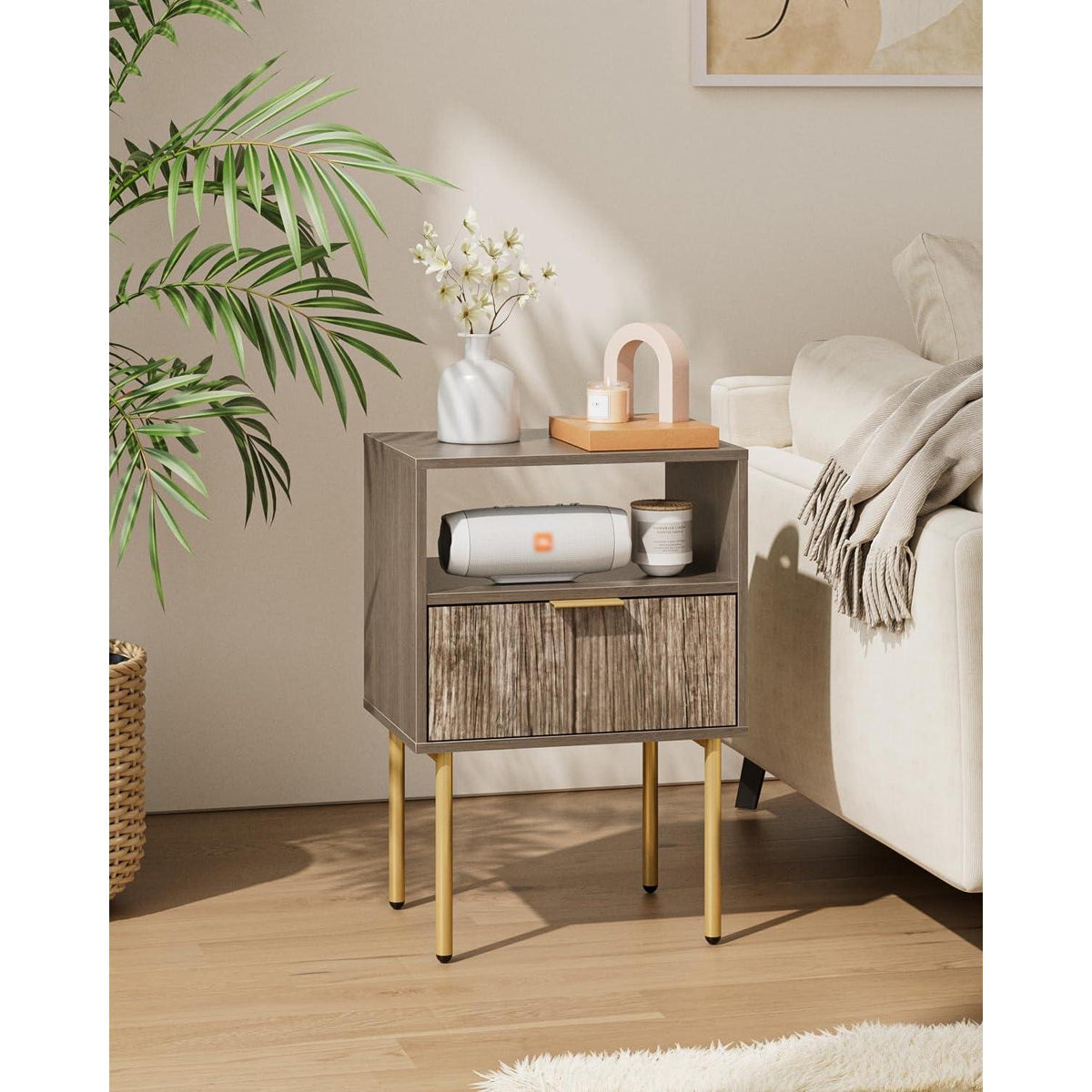 Nachttisch Grau mit Schublade und Ablage, Modern & Boho