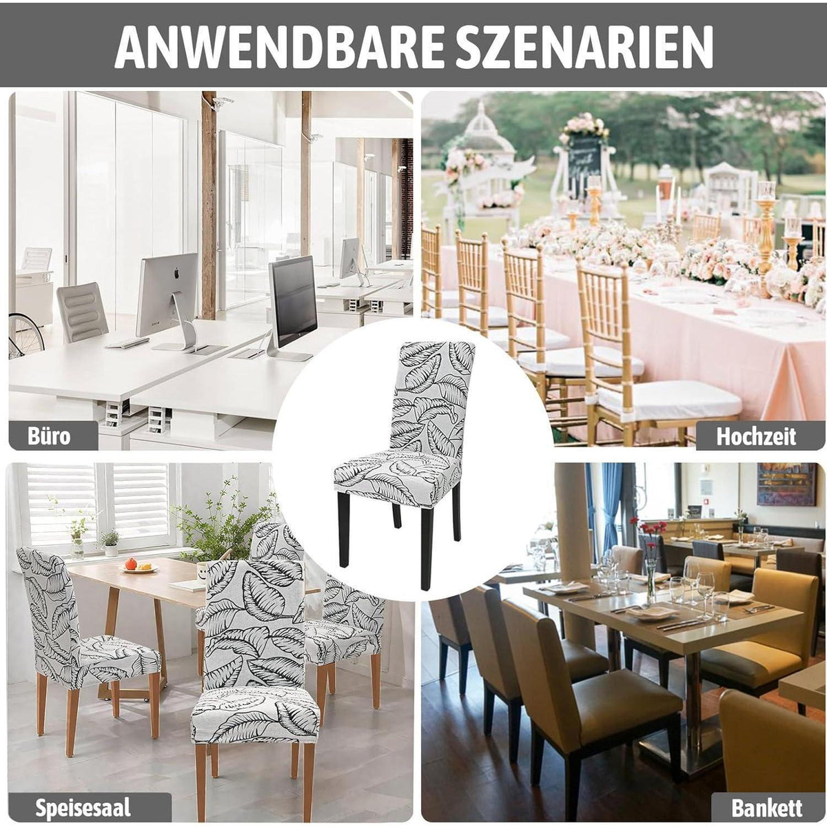 Stretch Stuhlhussen 6er Set Jacquard – Laubmuster