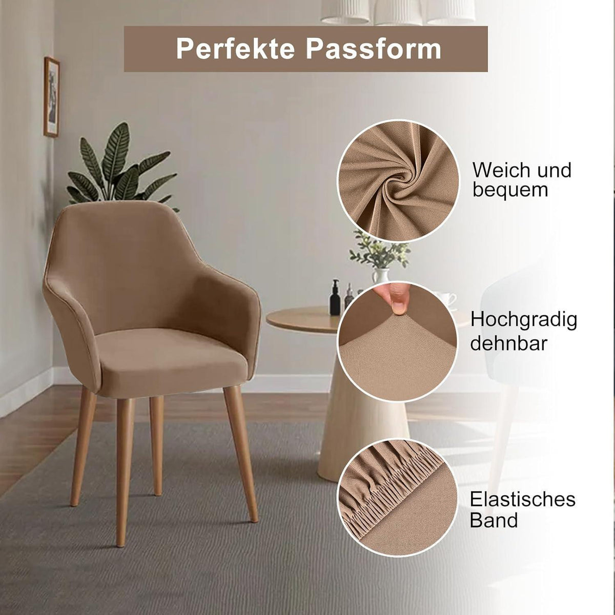 Stretch Stuhlhussen 6er Set – Sesselbezug Kamel
