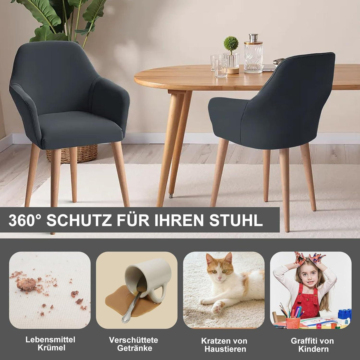 Stretch Stuhlhussen Set Grau – Abnehmbar & Waschbar